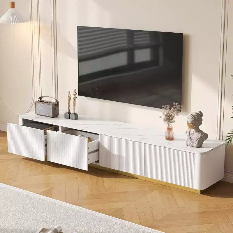 Meuble TV de luxe de 200 cm avec plateau en faux marbre, 4 tiroirs et base dorée