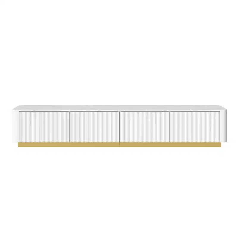 Meuble TV de luxe de 200 cm avec plateau en faux marbre, 4 tiroirs et base dorée