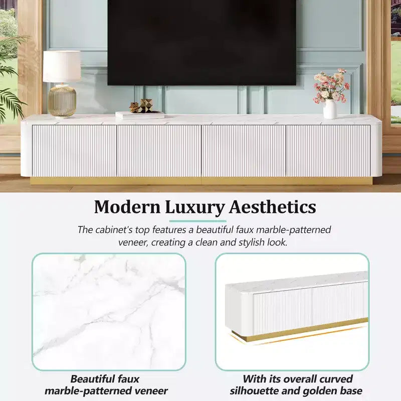 Meuble TV de luxe de 200 cm avec plateau en faux marbre, 4 tiroirs et base dorée
