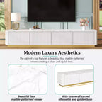 Meuble TV de luxe de 200 cm avec plateau en faux marbre, 4 tiroirs et base dorée