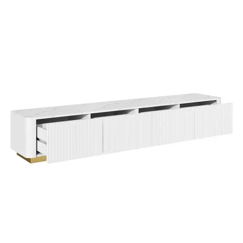 Meuble TV de luxe de 200 cm avec plateau en faux marbre, 4 tiroirs et base dorée