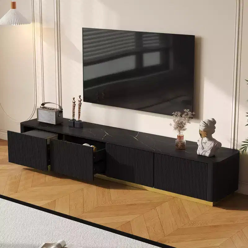 Meuble TV de luxe de 200 cm avec plateau en faux marbre, 4 tiroirs et base dorée