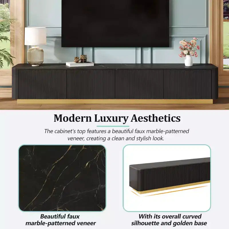 Meuble TV de luxe de 200 cm avec plateau en faux marbre, 4 tiroirs et base dorée