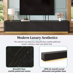 Meuble TV de luxe de 200 cm avec plateau en faux marbre, 4 tiroirs et base dorée