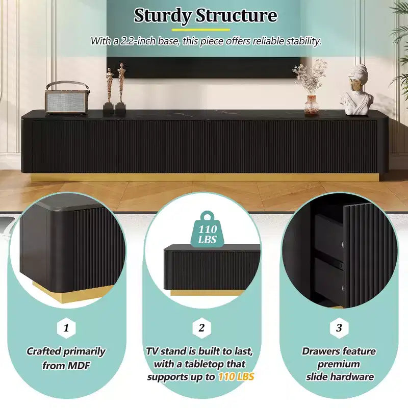 Meuble TV de luxe de 200 cm avec plateau en faux marbre, 4 tiroirs et base dorée