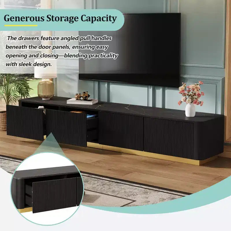 Meuble TV de luxe de 200 cm avec plateau en faux marbre, 4 tiroirs et base dorée