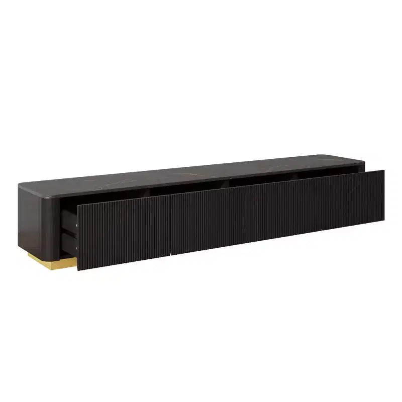 Meuble TV de luxe de 200 cm avec plateau en faux marbre, 4 tiroirs et base dorée
