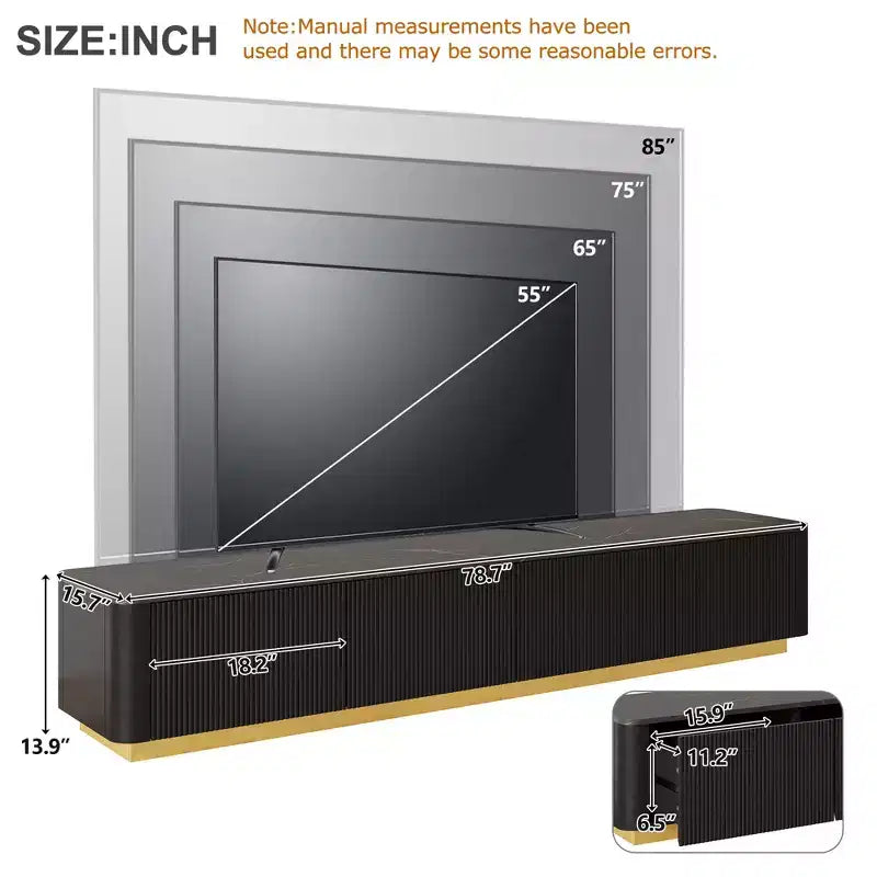 Meuble TV de luxe de 200 cm avec plateau en faux marbre, 4 tiroirs et base dorée
