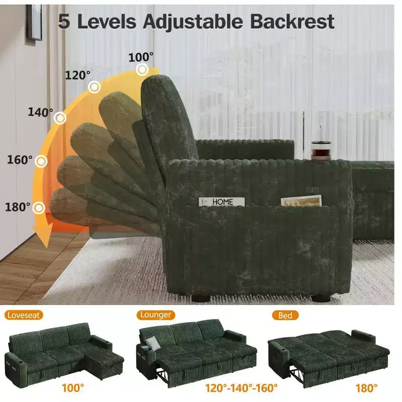 Canapé d'angle convertible avec lit gigogne, ports USB et rangement