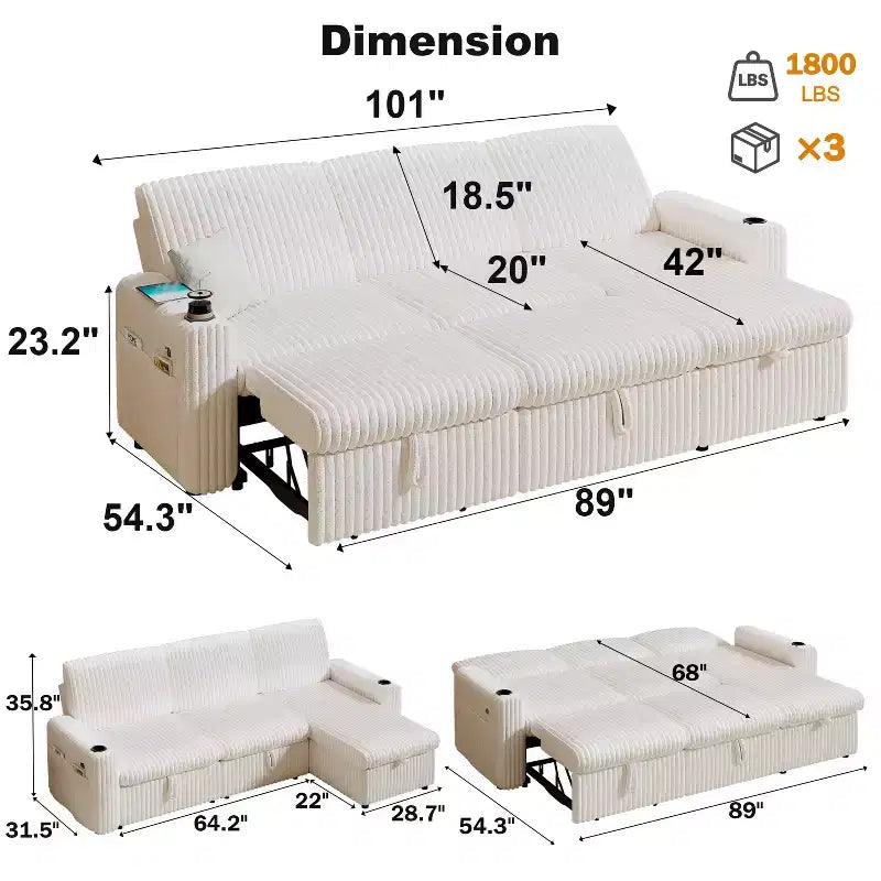 Canapé d'angle convertible avec lit gigogne, ports USB et rangement