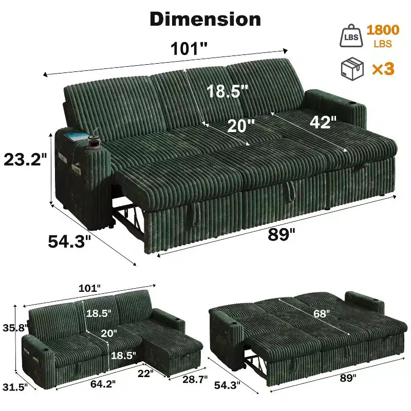 Canapé d'angle convertible avec lit gigogne, ports USB et rangement