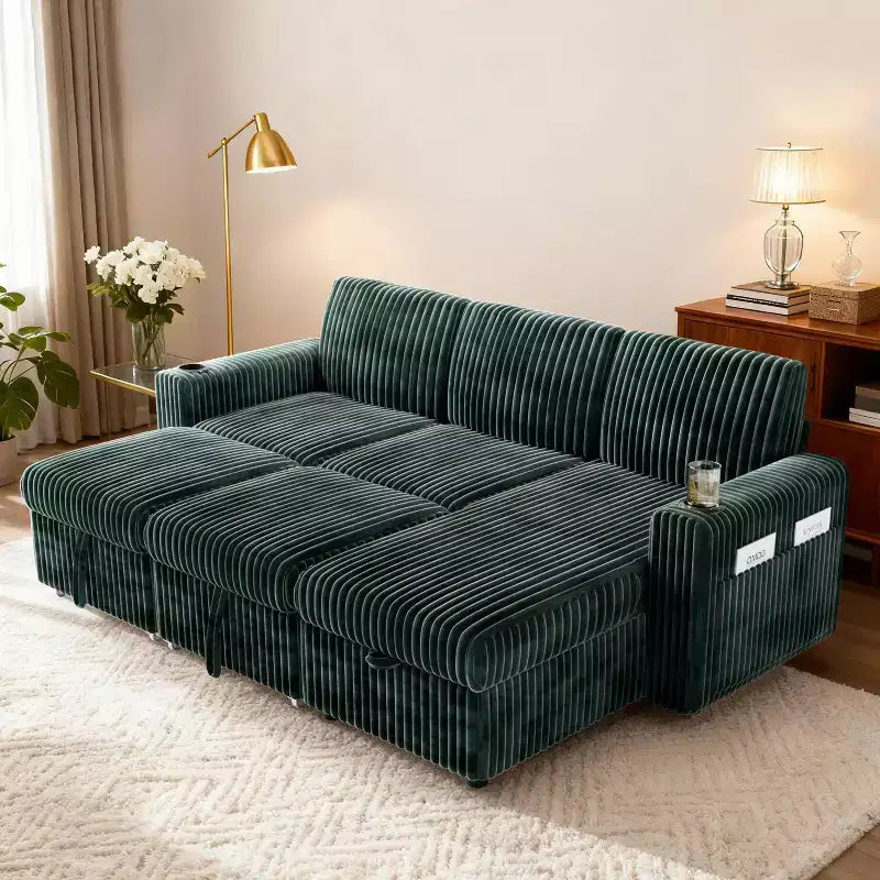 Canapé d'angle convertible avec lit gigogne, ports USB et rangement