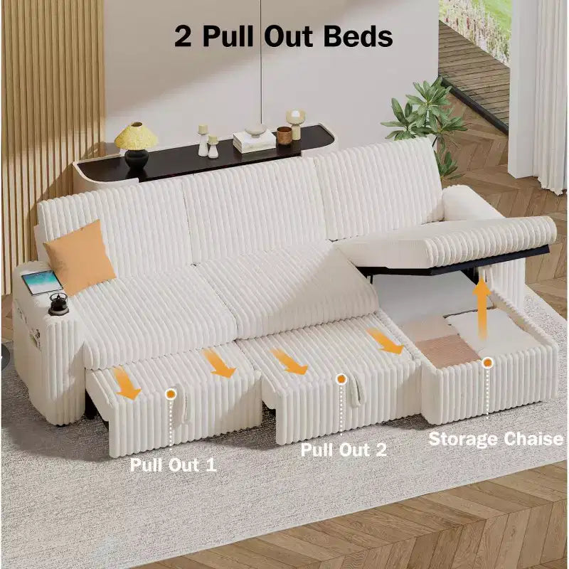 Canapé d'angle convertible avec lit gigogne, ports USB et rangement