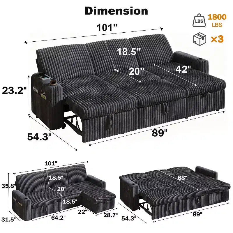 Canapé d'angle convertible avec lit gigogne, ports USB et rangement