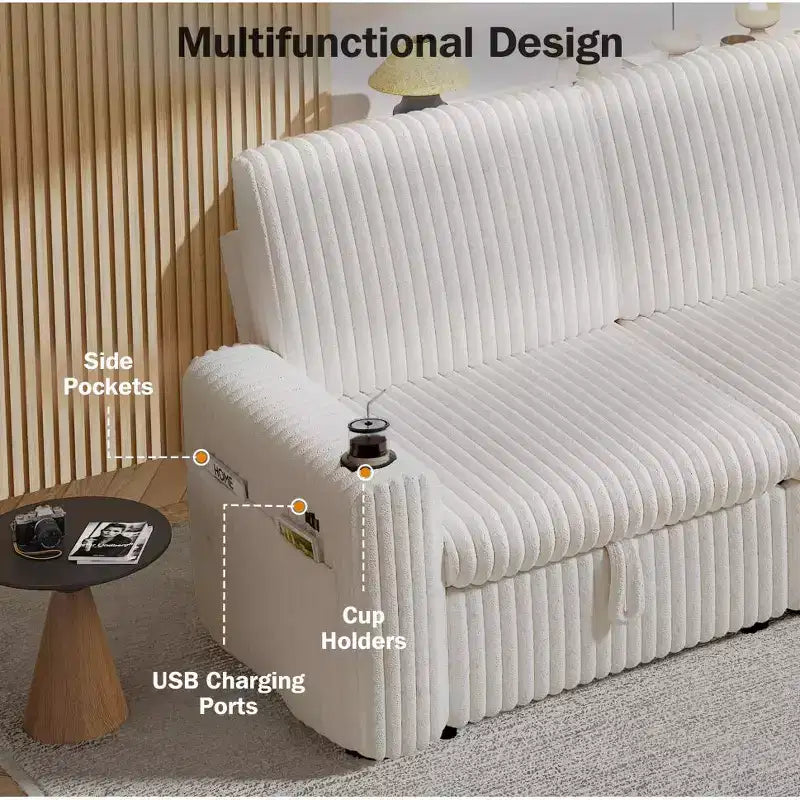 Canapé d'angle convertible avec lit gigogne, ports USB et rangement