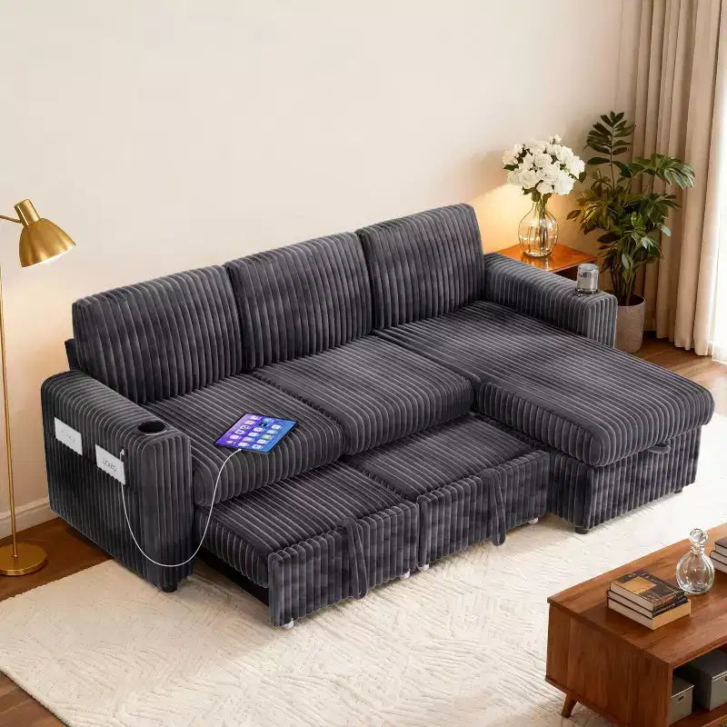 Canapé d'angle convertible avec lit gigogne, ports USB et rangement