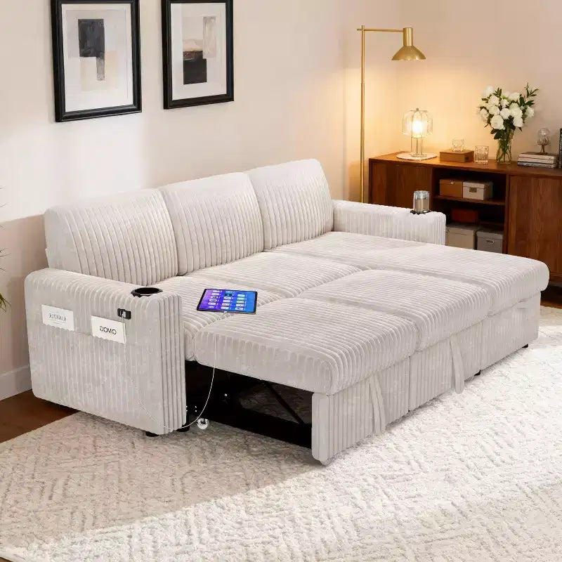 Canapé d'angle convertible avec lit gigogne, ports USB et rangement