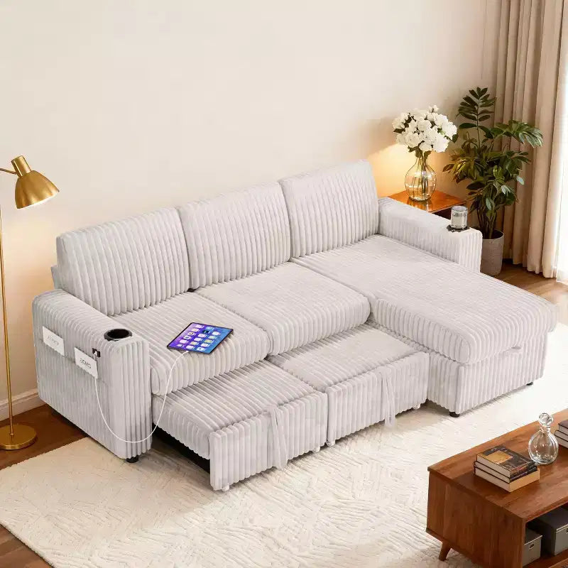Canapé d'angle convertible avec lit gigogne, ports USB et rangement