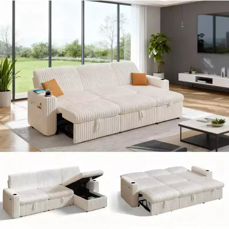 Dyonery 101 Sectional Sleeper Sofa Bed with Pull Out Bed, Reclining Backrest/Reversible Storage Chaise/USB Ports/Cup Holders, Plush Corduroy