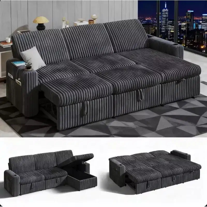 Canapé d'angle convertible avec lit gigogne, ports USB et rangement