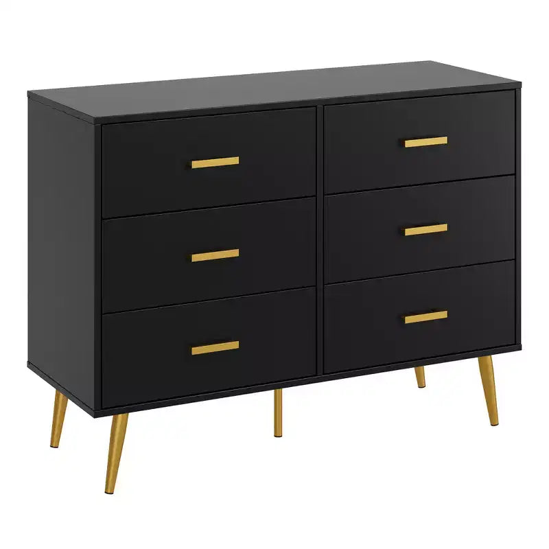 Modern 6 Drawer Dresser with Storage Space, Wooden Dresser with Gold Handles, Chest Dresser with Deep Drawers for Bedroom, Living Room and Entryway