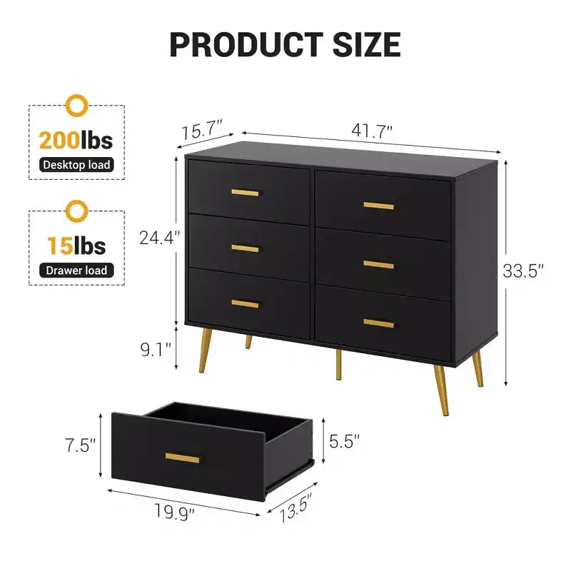 Commode moderne à 6 tiroirs avec espace de rangement, commode en bois avec poignées dorées, commode avec tiroirs profonds pour chambre à coucher, salon et entrée