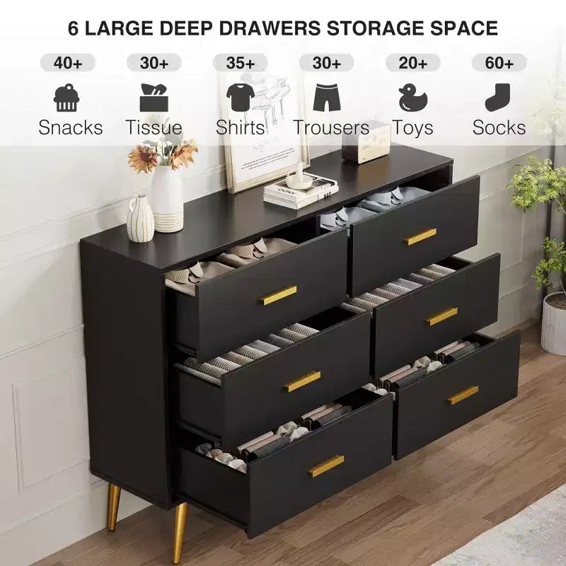 Commode moderne à 6 tiroirs avec espace de rangement, commode en bois avec poignées dorées, commode avec tiroirs profonds pour chambre à coucher, salon et entrée