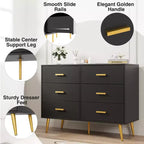 Commode moderne à 6 tiroirs avec espace de rangement, commode en bois avec poignées dorées, commode avec tiroirs profonds pour chambre à coucher, salon et entrée