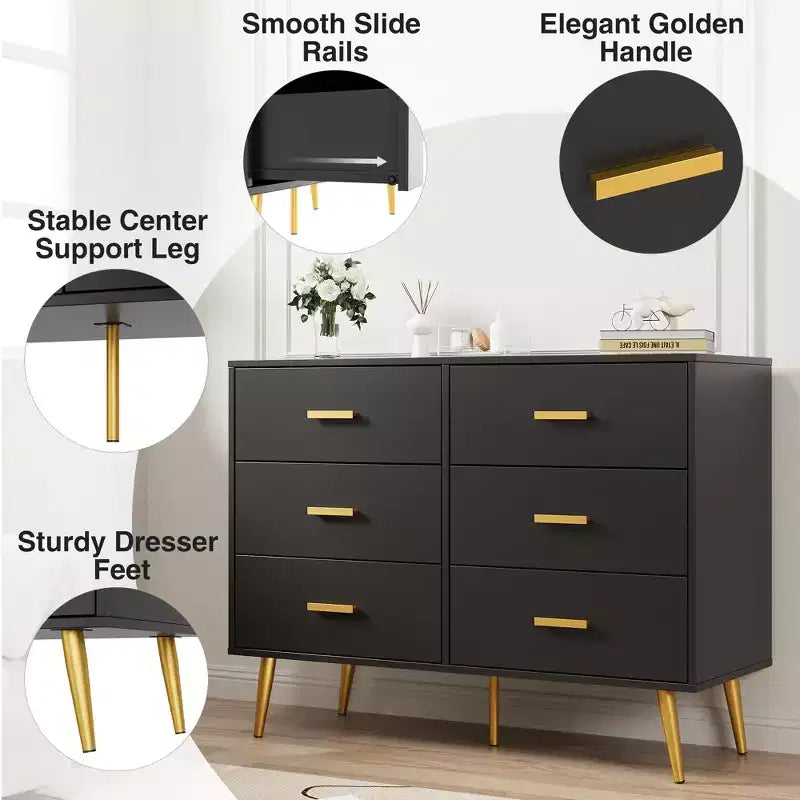 Commode moderne à 6 tiroirs avec espace de rangement, commode en bois avec poignées dorées, commode avec tiroirs profonds pour chambre à coucher, salon et entrée
