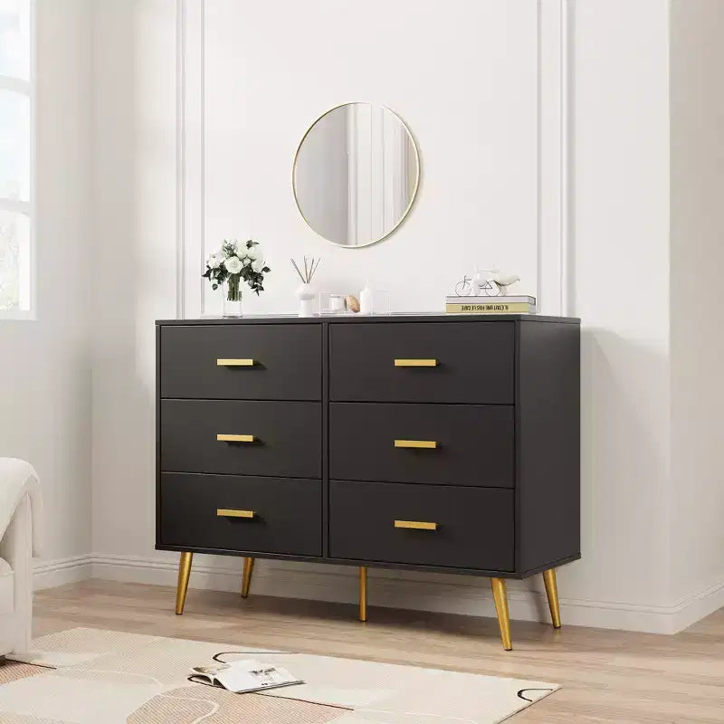 Commode moderne à 6 tiroirs avec espace de rangement, commode en bois avec poignées dorées, commode avec tiroirs profonds pour chambre à coucher, salon et entrée