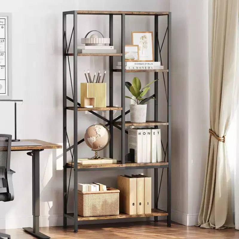 COZONY 5-Tier 69 Tall Bookshelf  Metal Frame Rustic Storage Rack with Open Shelves for Bedroom, Living Room & Home Office, Brown