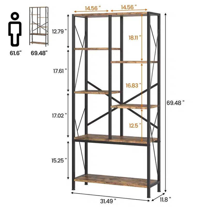 Étagère rustique de 175 cm de hauteur à 5 niveaux avec cadre en métal et étagères ouvertes – Marron