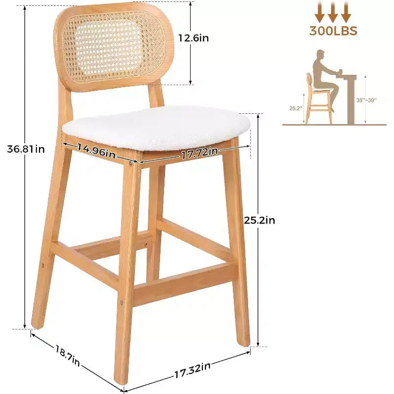Tabouret de bar en rotin hauteur comptoir – Similicuir ou Boucle, assise de 64 cm