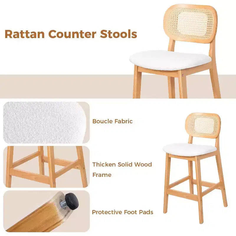 Tabouret de bar en rotin hauteur comptoir – Similicuir ou Boucle, assise de 64 cm