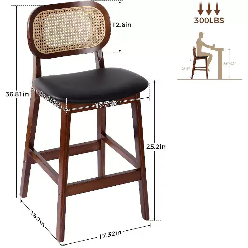 Tabouret de bar en rotin hauteur comptoir – Similicuir ou Boucle, assise de 64 cm