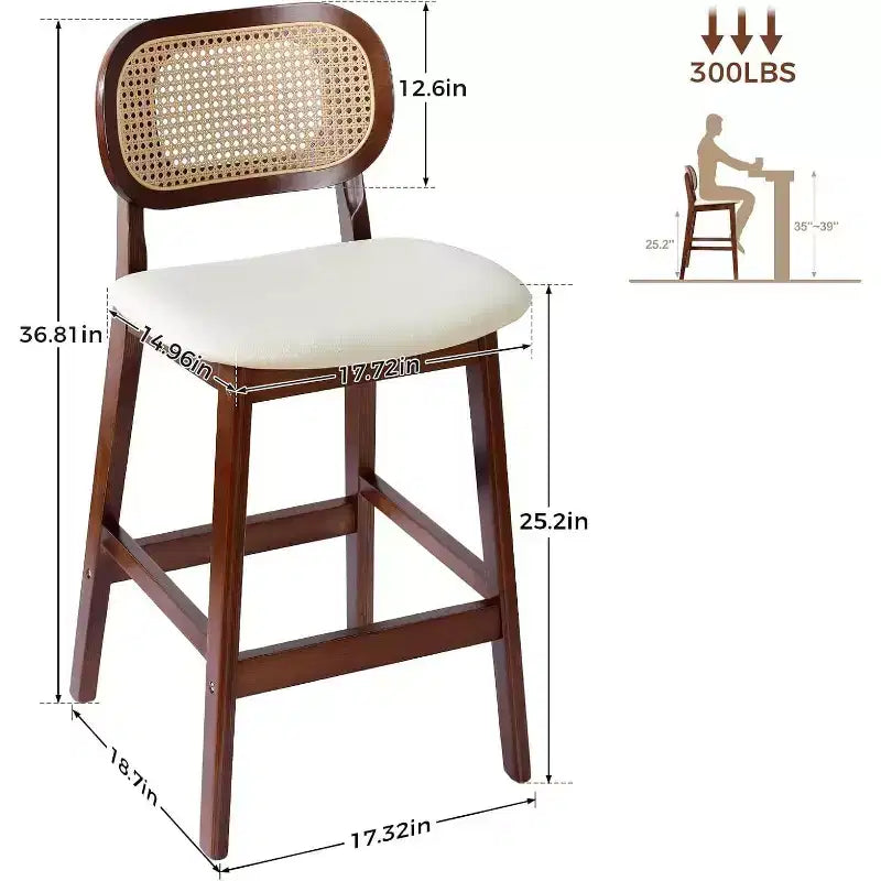 Tabouret de bar en rotin hauteur comptoir – Similicuir ou Boucle, assise de 64 cm