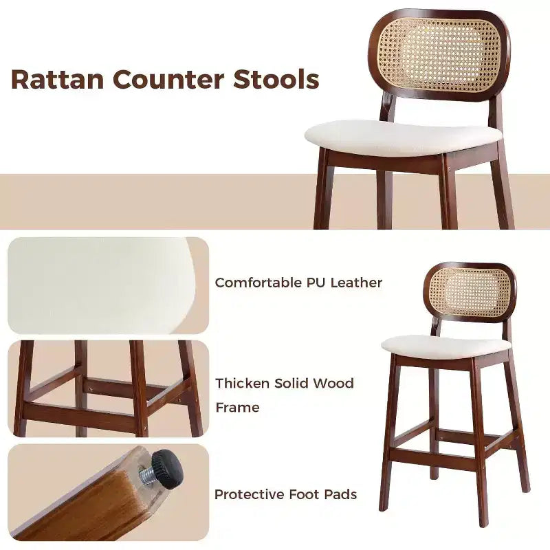 Tabouret de bar en rotin hauteur comptoir – Similicuir ou Boucle, assise de 64 cm