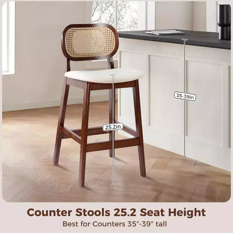 Tabouret de bar en rotin hauteur comptoir – Similicuir ou Boucle, assise de 64 cm