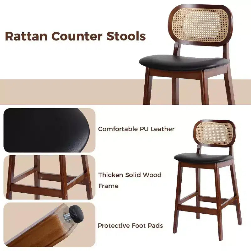Tabouret de bar en rotin hauteur comptoir – Similicuir ou Boucle, assise de 64 cm