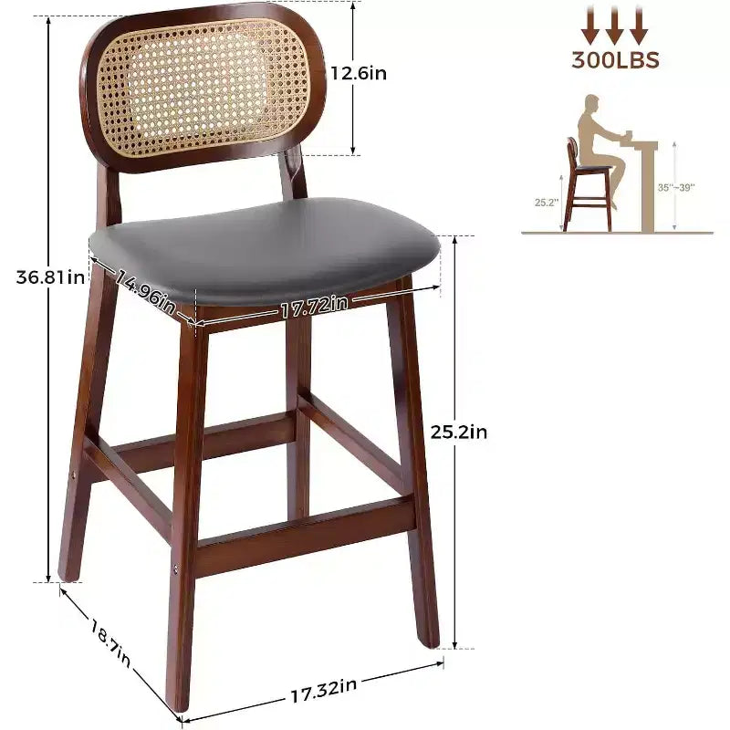 Tabouret de bar en rotin hauteur comptoir – Similicuir ou Boucle, assise de 64 cm