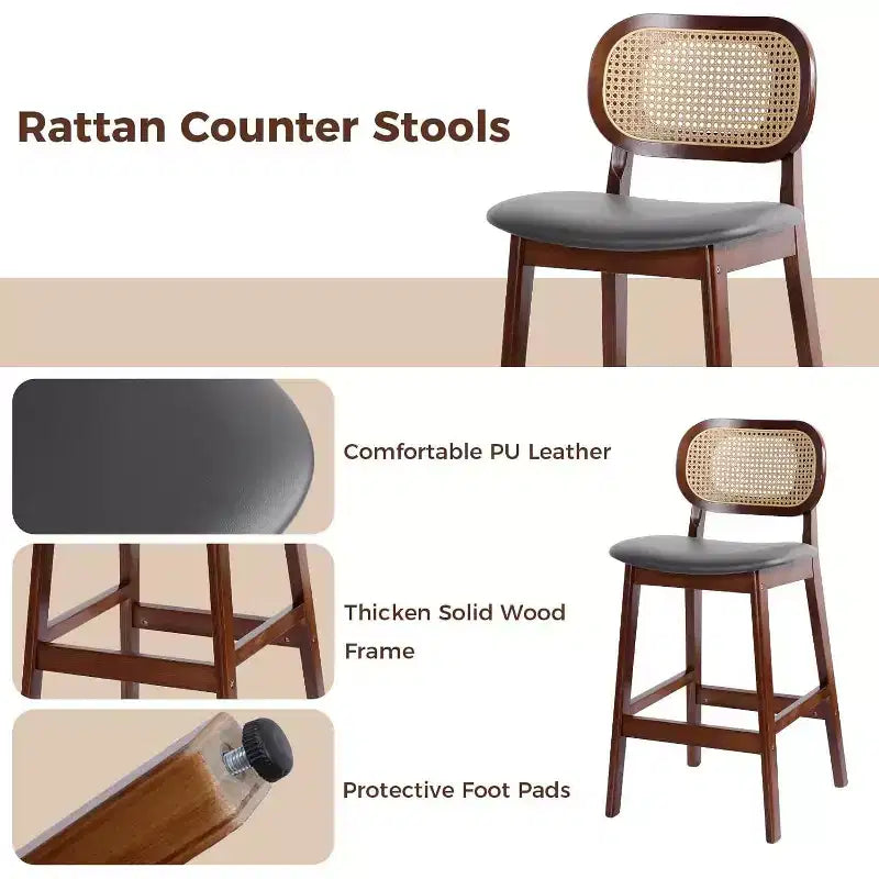 Tabouret de bar en rotin hauteur comptoir – Similicuir ou Boucle, assise de 64 cm