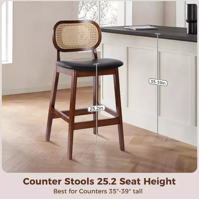 Tabouret de bar en rotin hauteur comptoir – Similicuir ou Boucle, assise de 64 cm