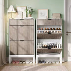 Meuble à chaussures avec 2 tiroirs basculants, organisateur de chaussures style ferme avec pieds en métal, porte-chaussures étroit pour entrée, hall, couloir