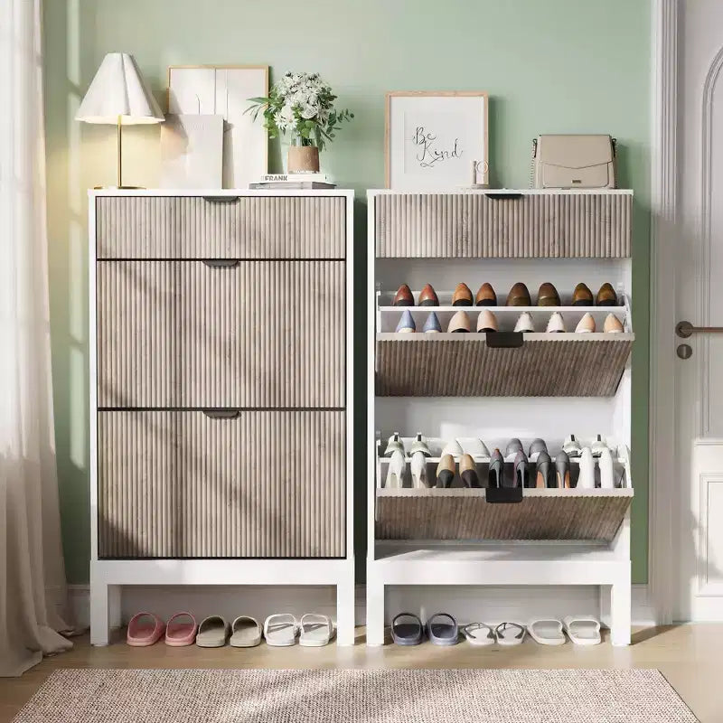 Meuble à chaussures avec 2 tiroirs basculants, organisateur de chaussures style ferme avec pieds en métal, porte-chaussures étroit pour entrée, hall, couloir