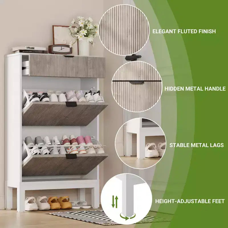 Meuble à chaussures avec 2 tiroirs basculants, organisateur de chaussures style ferme avec pieds en métal, porte-chaussures étroit pour entrée, hall, couloir