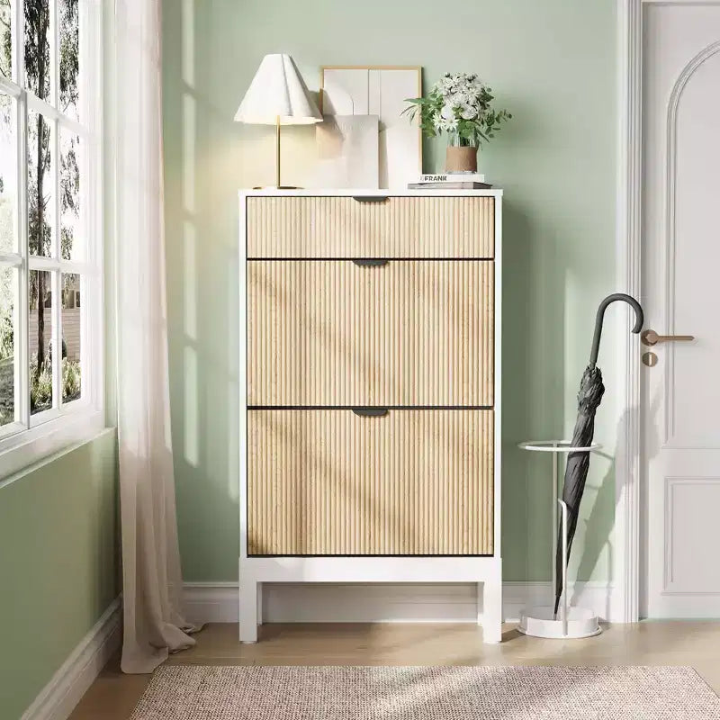 Meuble à chaussures avec 2 tiroirs basculants, organisateur de chaussures style ferme avec pieds en métal, porte-chaussures étroit pour entrée, hall, couloir