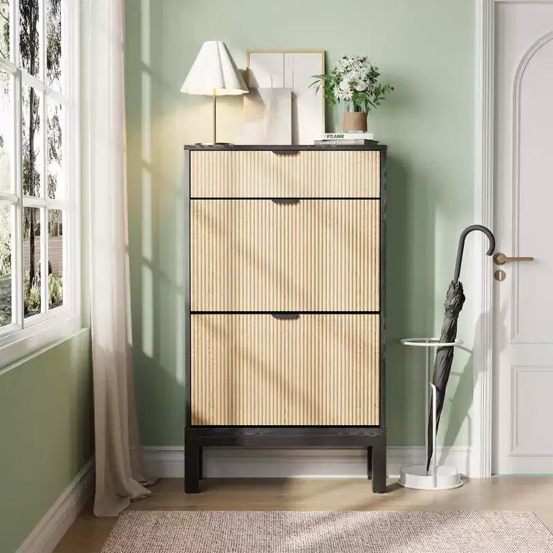 Meuble à chaussures avec 2 tiroirs basculants, organisateur de chaussures style ferme avec pieds en métal, porte-chaussures étroit pour entrée, hall, couloir