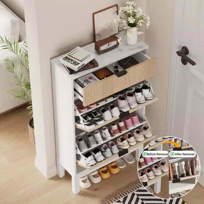 Meuble à chaussures avec 2 tiroirs basculants, organisateur de chaussures style ferme avec pieds en métal, porte-chaussures étroit pour entrée, hall, couloir