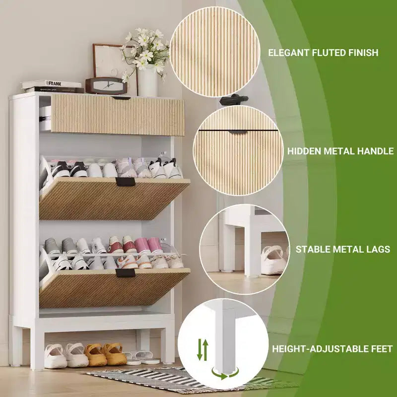 Meuble à chaussures avec 2 tiroirs basculants, organisateur de chaussures style ferme avec pieds en métal, porte-chaussures étroit pour entrée, hall, couloir