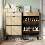 Meuble à chaussures avec 2 tiroirs basculants, organisateur de chaussures style ferme avec pieds en métal, porte-chaussures étroit pour entrée, hall, couloir